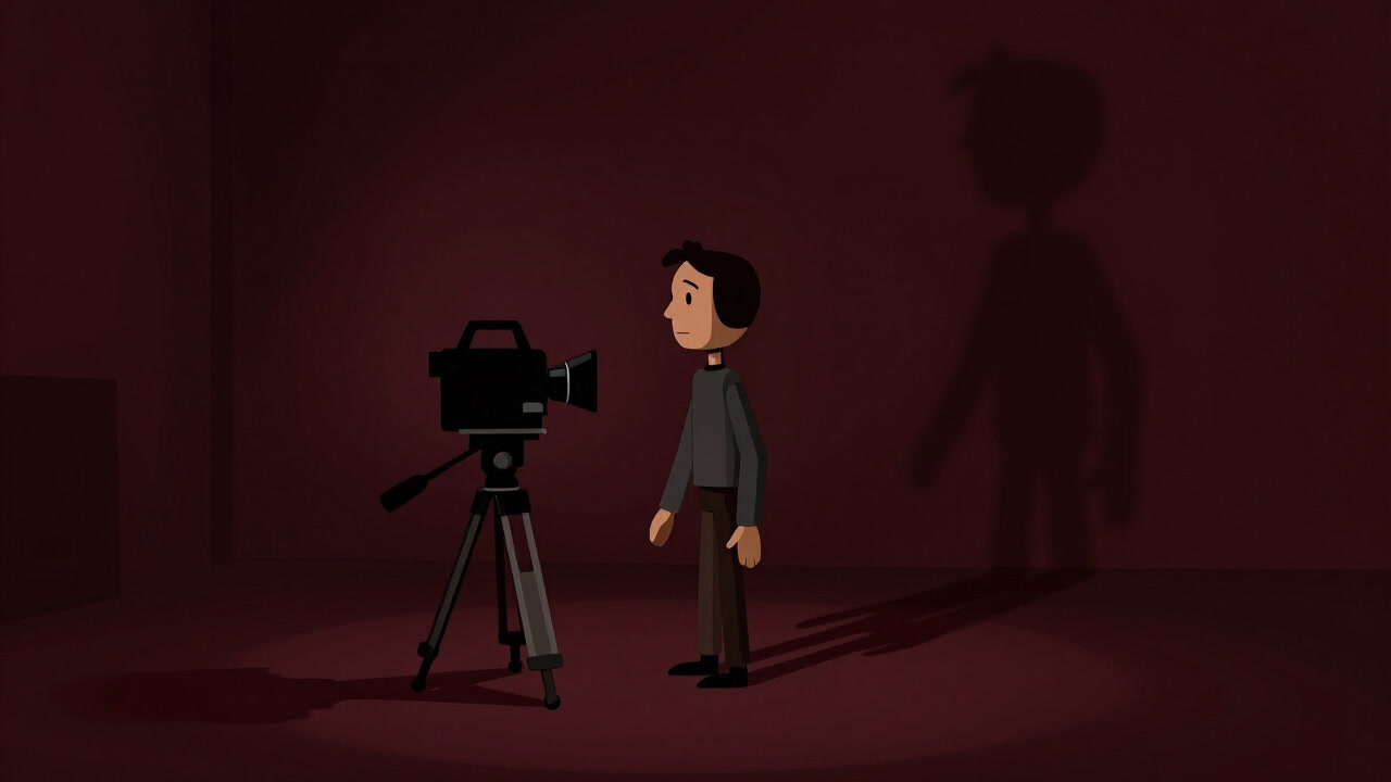 A dim darkroom where a puppet stands motionless as the creator’s shadow peers through a camera behind it