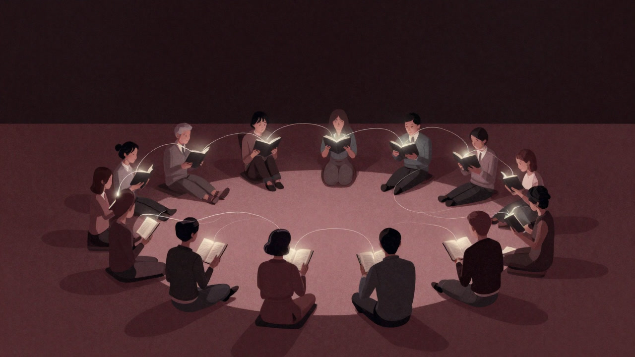 円形に座り、物語を語り合う人々のシルエット