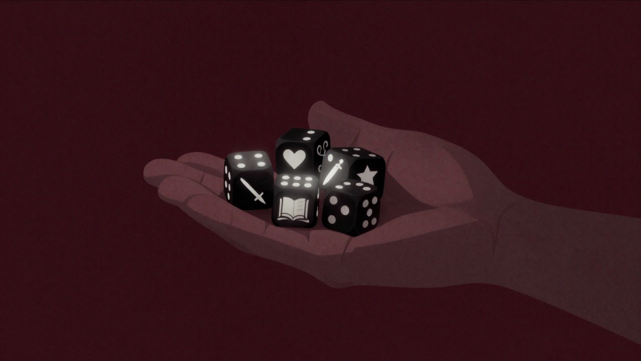 Illustration of dice with various symbols glowing on a palm.