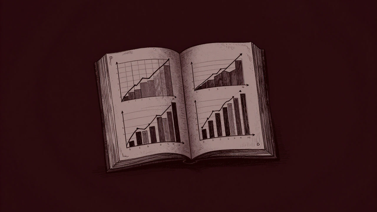 An illustration of numerous graphs and charts intertwined like an old book speaking its story