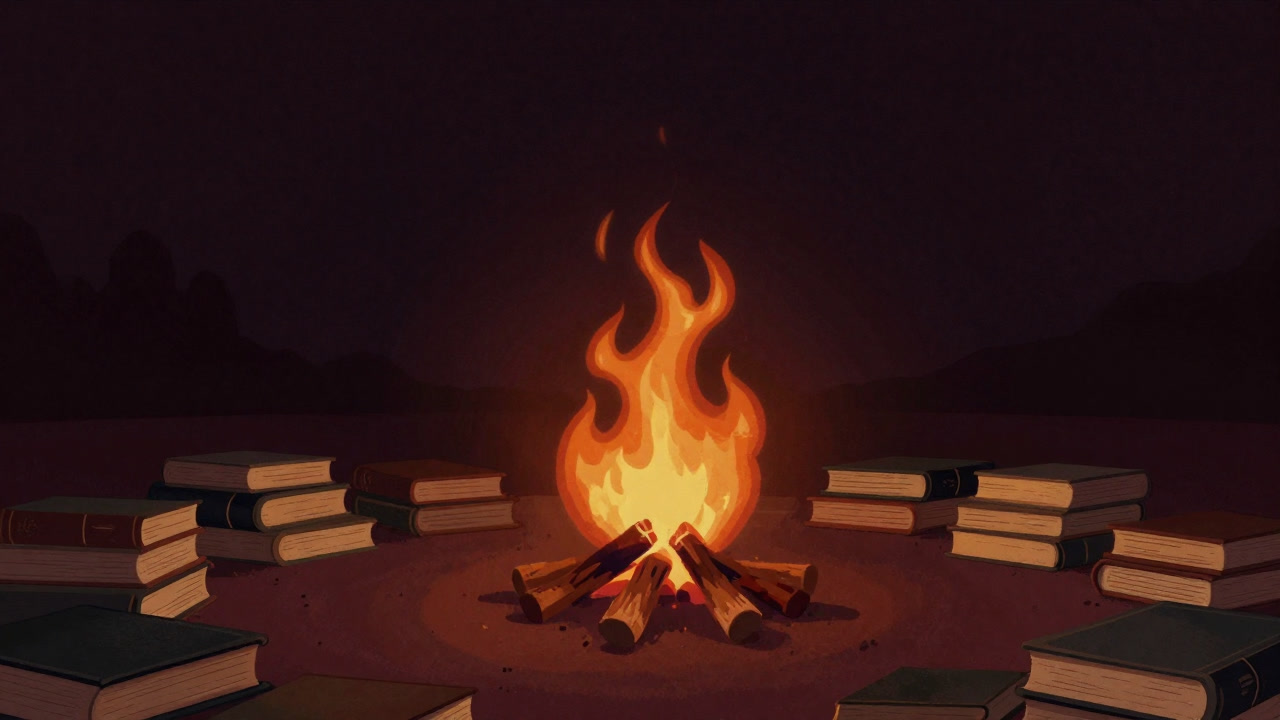 夜の焚火を囲み、言葉の炎が空へ舞い上がる古書の山のイラスト