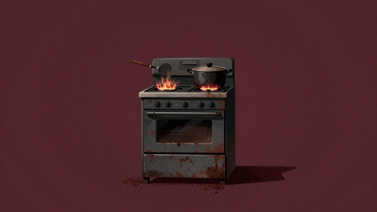 黒ずんだ古いコンロが焦げ付きがひどい鍋を前に黙々と燃える台所の様子