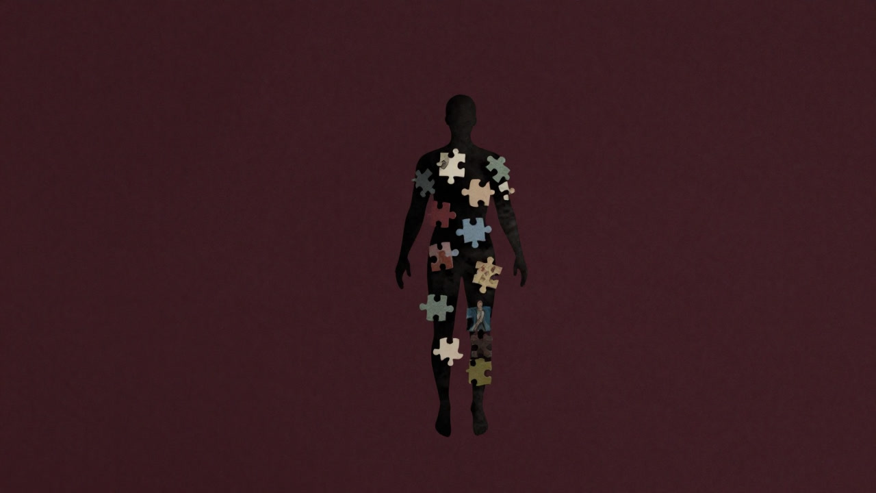 異文化のパズルピースを身にまとい、宙に浮く人物のシルエット