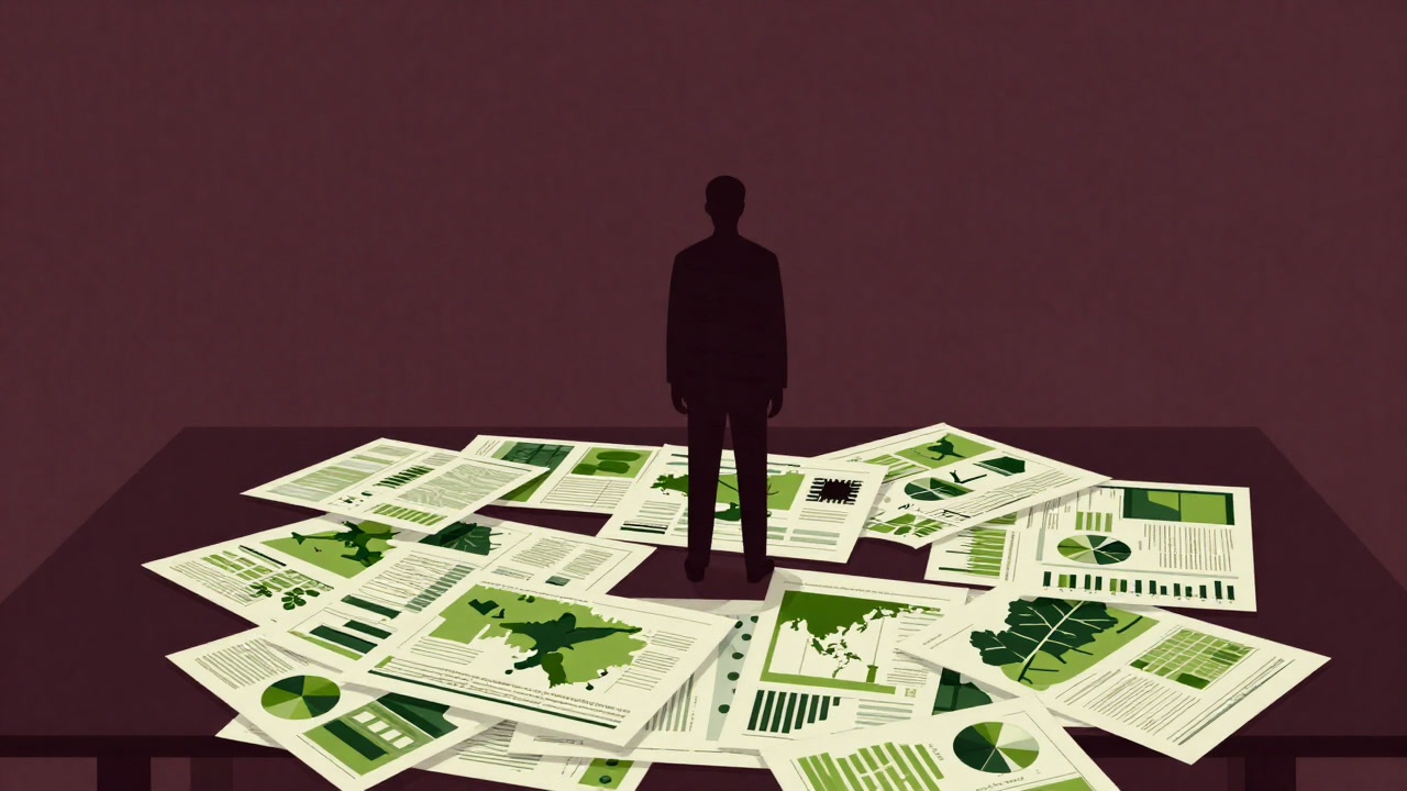 Silhouette of a person standing expressionless at a cluttered desk piled with green graphs and beige reports