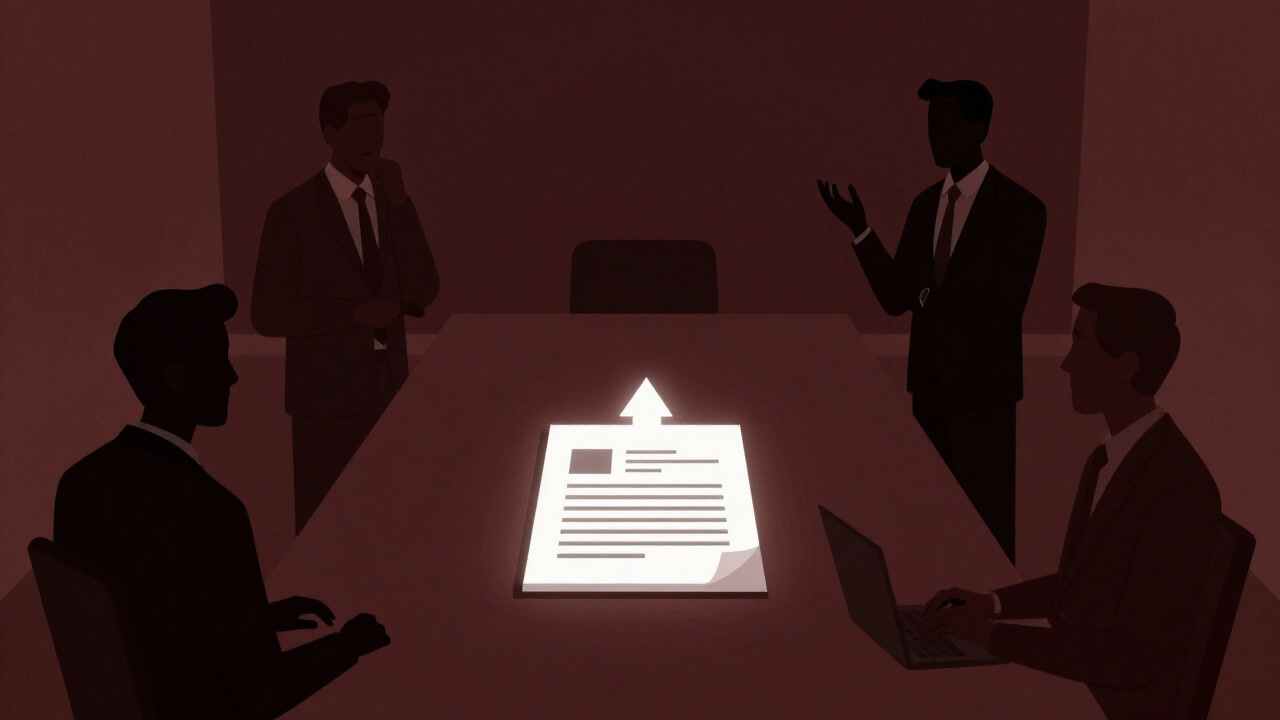 Silhouettes of people in a meeting room immersed in meaningless debate around a document with an arrow toward the future placed at the center of the table