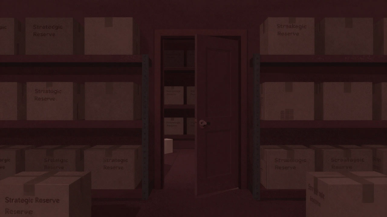 A dusty, half-open warehouse door revealing countless stacked boxes inside