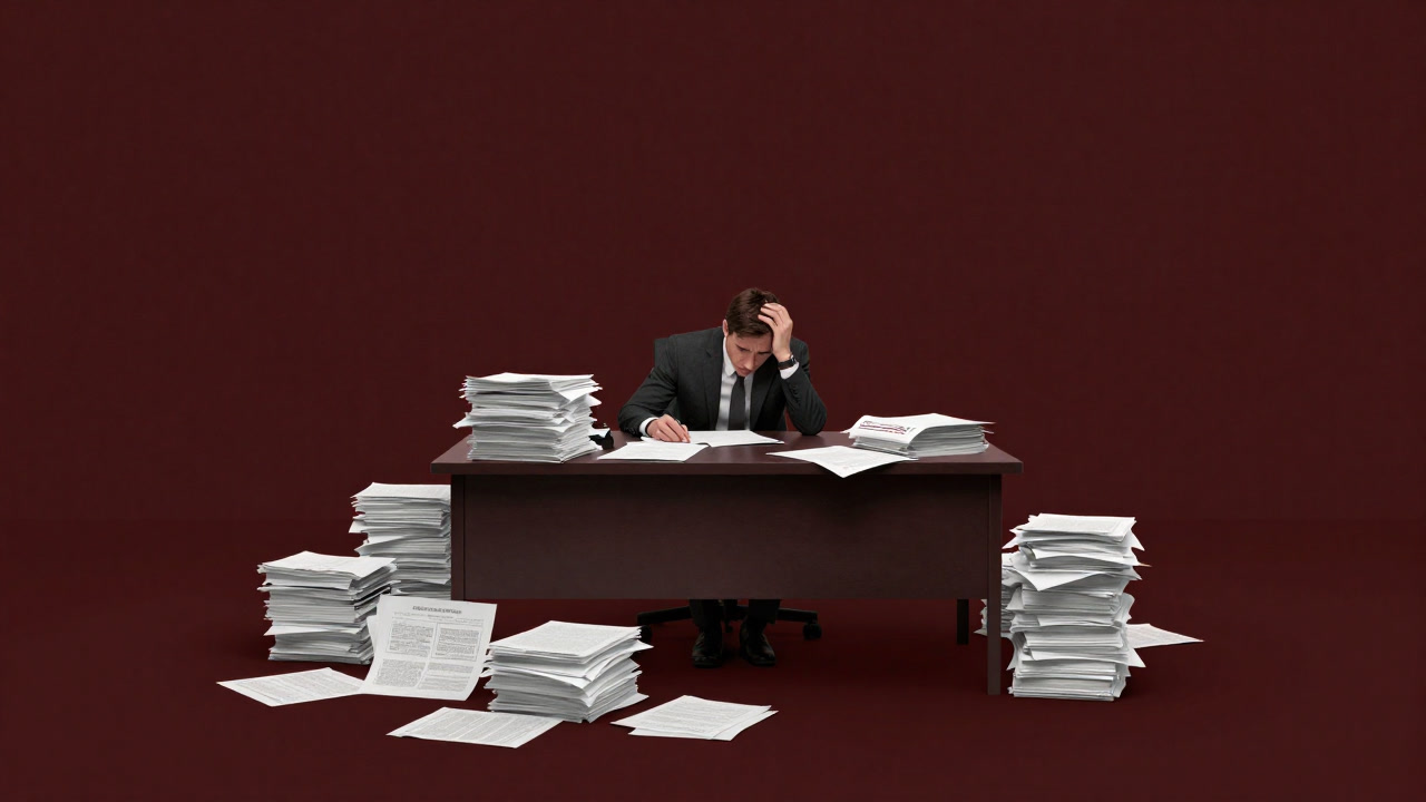 Silhouette of a businessperson standing in front of a mountain of proposal documents, looking stunned