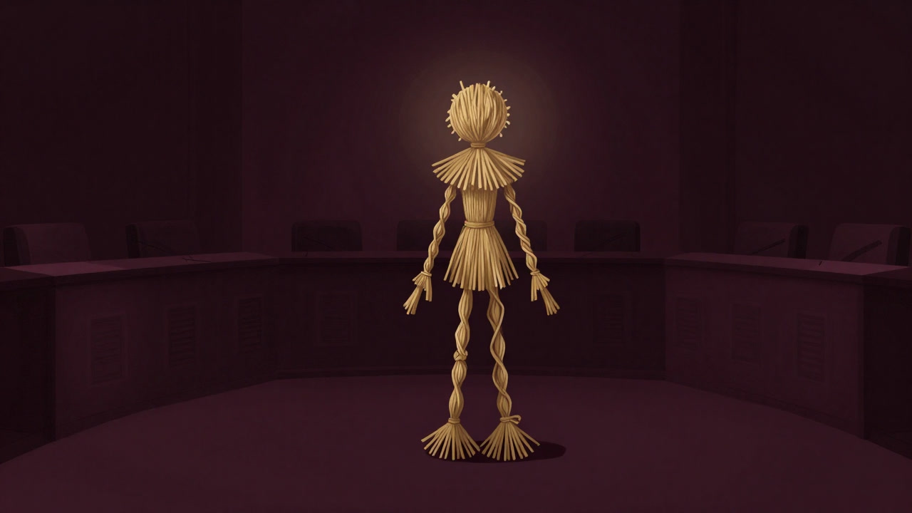 稲わらで作られた人形が、不自然に歪んだ笑みを浮かべながら逆光の中に立っている様子