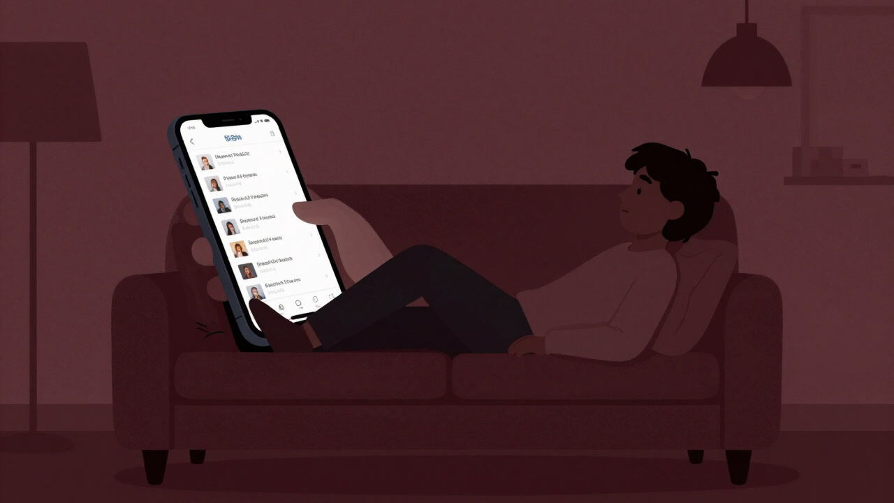 Silhouette of a person sunk into a sofa, staring vacantly at a list of recommended videos on a smartphone screen.