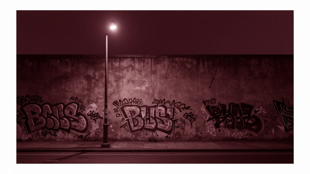 落書きだらけの壁が夜の街灯に照らされて幽玄に浮かび上がる画像