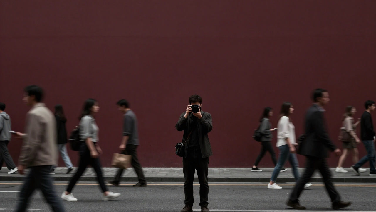 Silhouette of a street photographer holding a camera amidst a bustling crowd, blending in while capturing passersby.