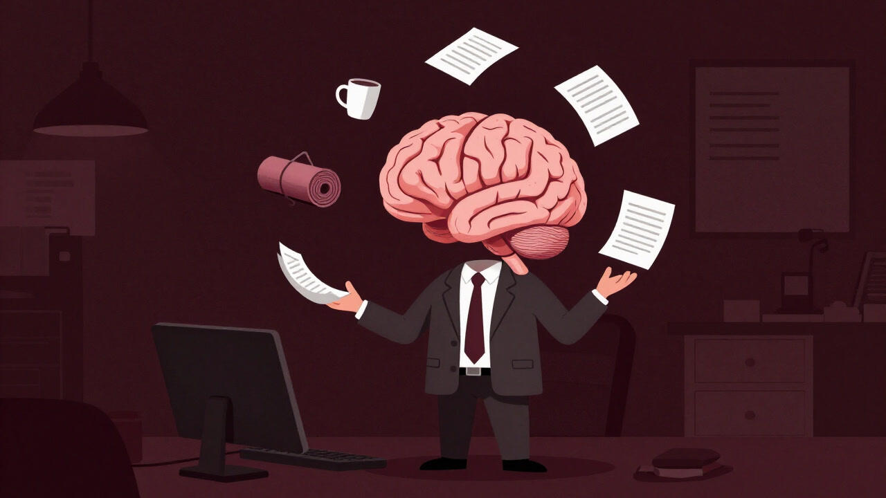 デスクに積まれた資料の山と共に、ヨガマットとコーヒーカップを抱えた疲弊した脳のイラスト