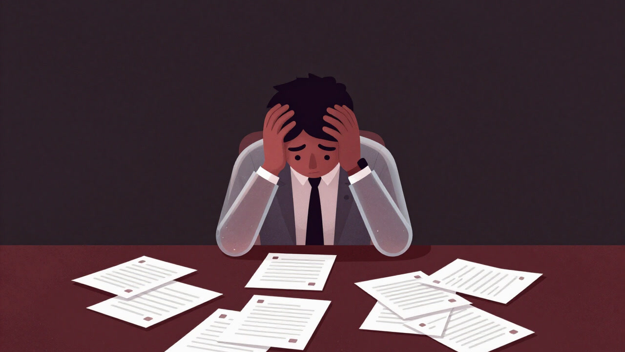 会議室のテーブルに無数のToDoリストを前に座り、頭を抱える社員が透けた鎧をまとっているイラスト