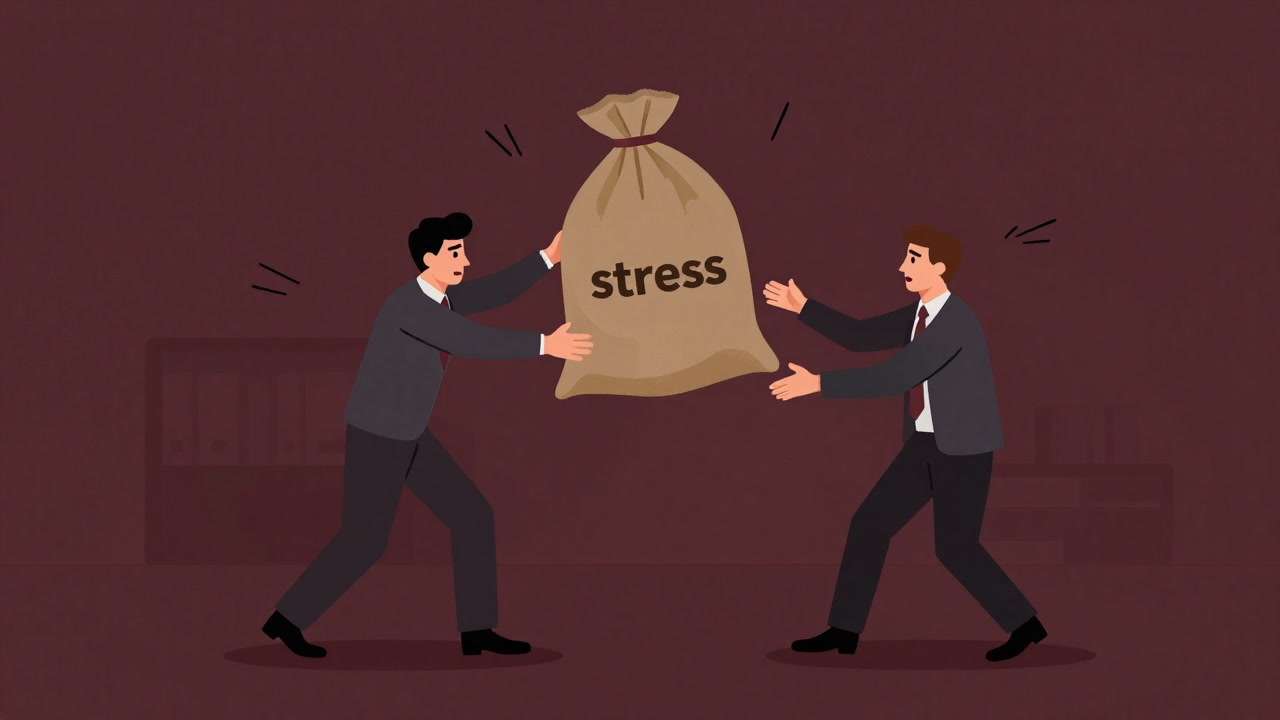 二人が『ストレス』と書かれた大きな荷物を投げ合うイラスト
