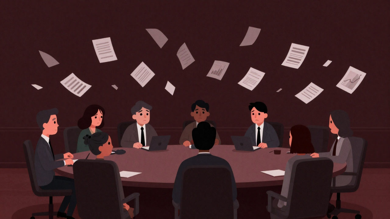 Illustration of bank employees trembling in a conference room as documents and graphs fly around in a storm