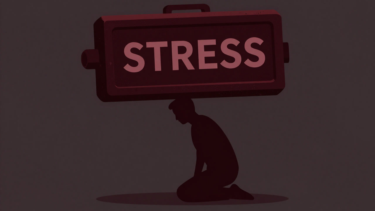 巨大な重石を背負った人影が暗闇の中で跪くイラスト