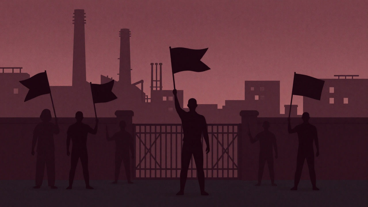Silhouettes of workers standing still in front of factory gates, holding flags in protest.