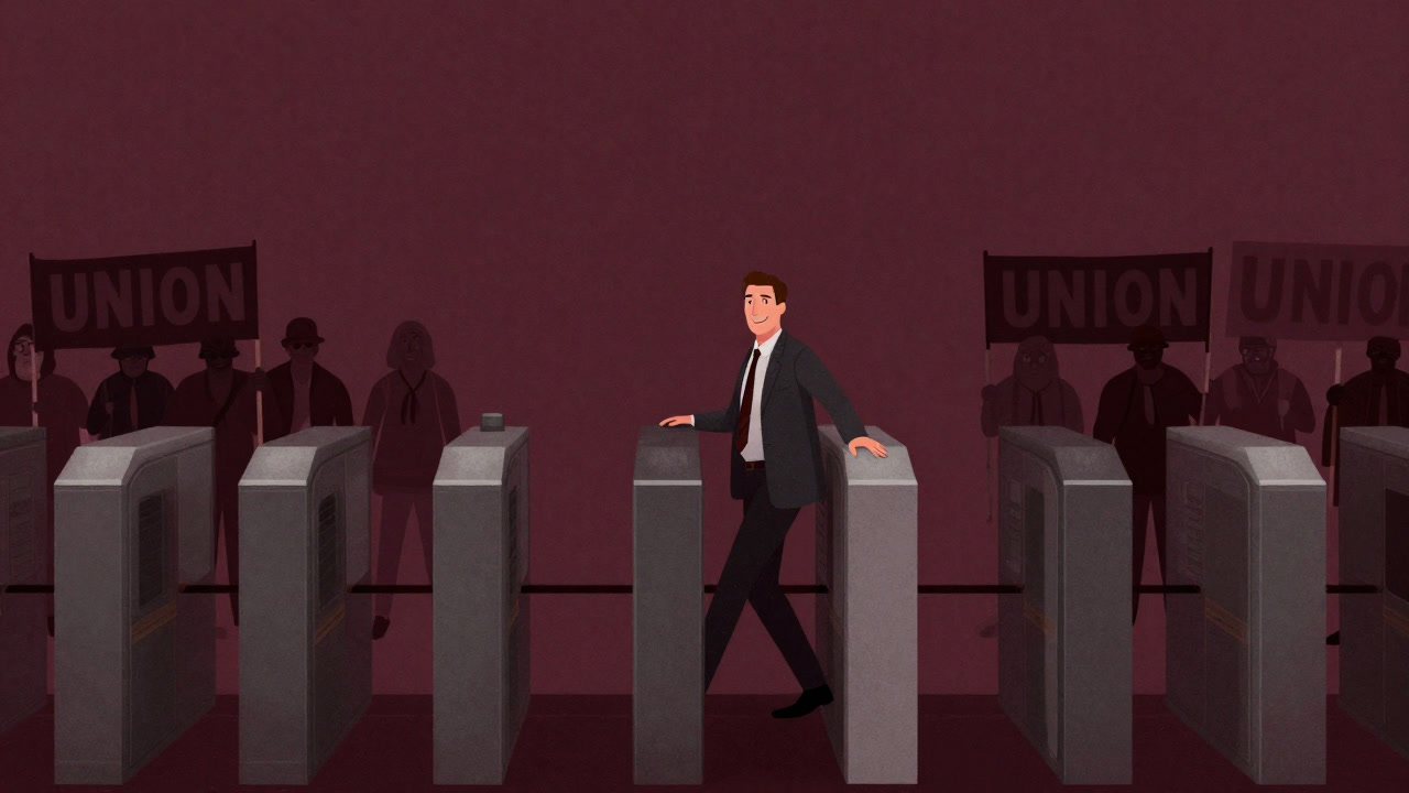 プラカードを持つ組合員の隙間を縫うように、一人だけ笑顔で改札を通り抜けるスト破りのシルエット