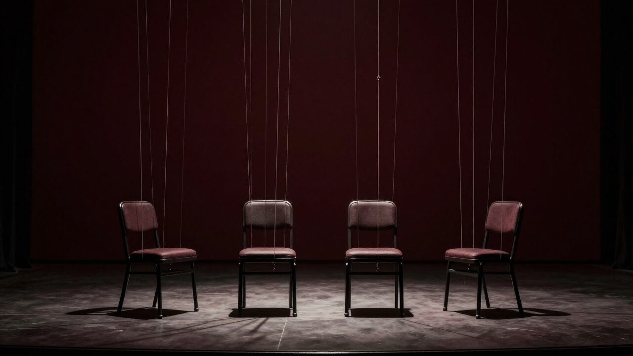 An ominous image of a dimly lit stage with four chairs and countless strings casting shadows.