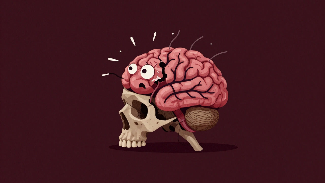 A satirical illustration of a brain inside a skull with snapping vessels like cables, looking shocked.