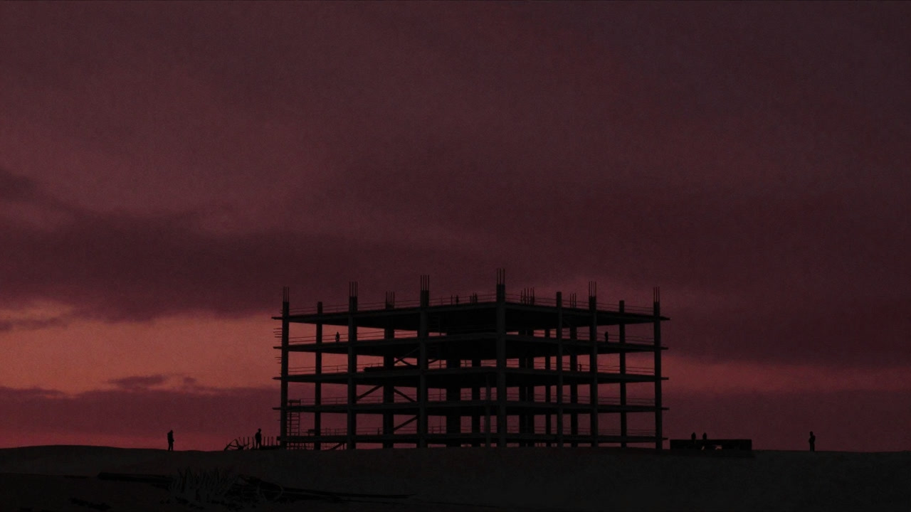 Construction site illustration with a building skeleton extending into the sky like a spider web