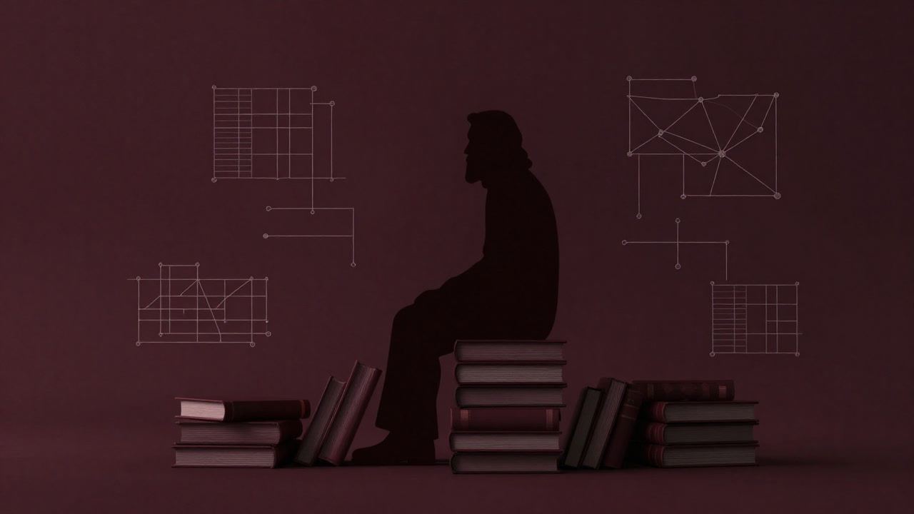 Illustration of a silhouette seated atop a mountain of texts, gazing at structural diagrams.