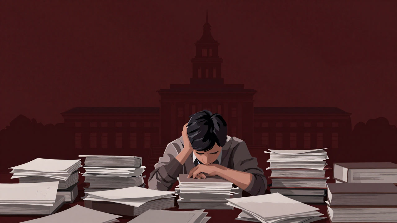 Image of a student’s hands buried under a stack of documents with a campus background