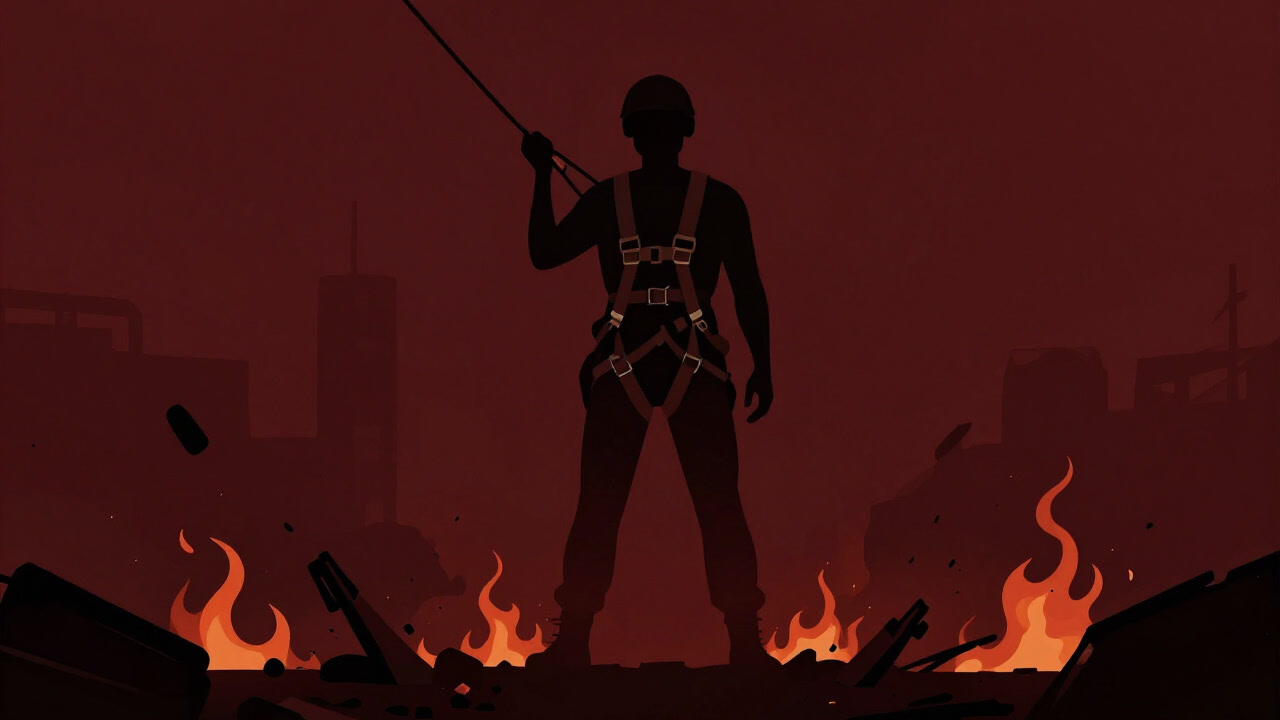 スタント現場で命綱を手に、炎と破片の中に立つコーディネーターのシルエット