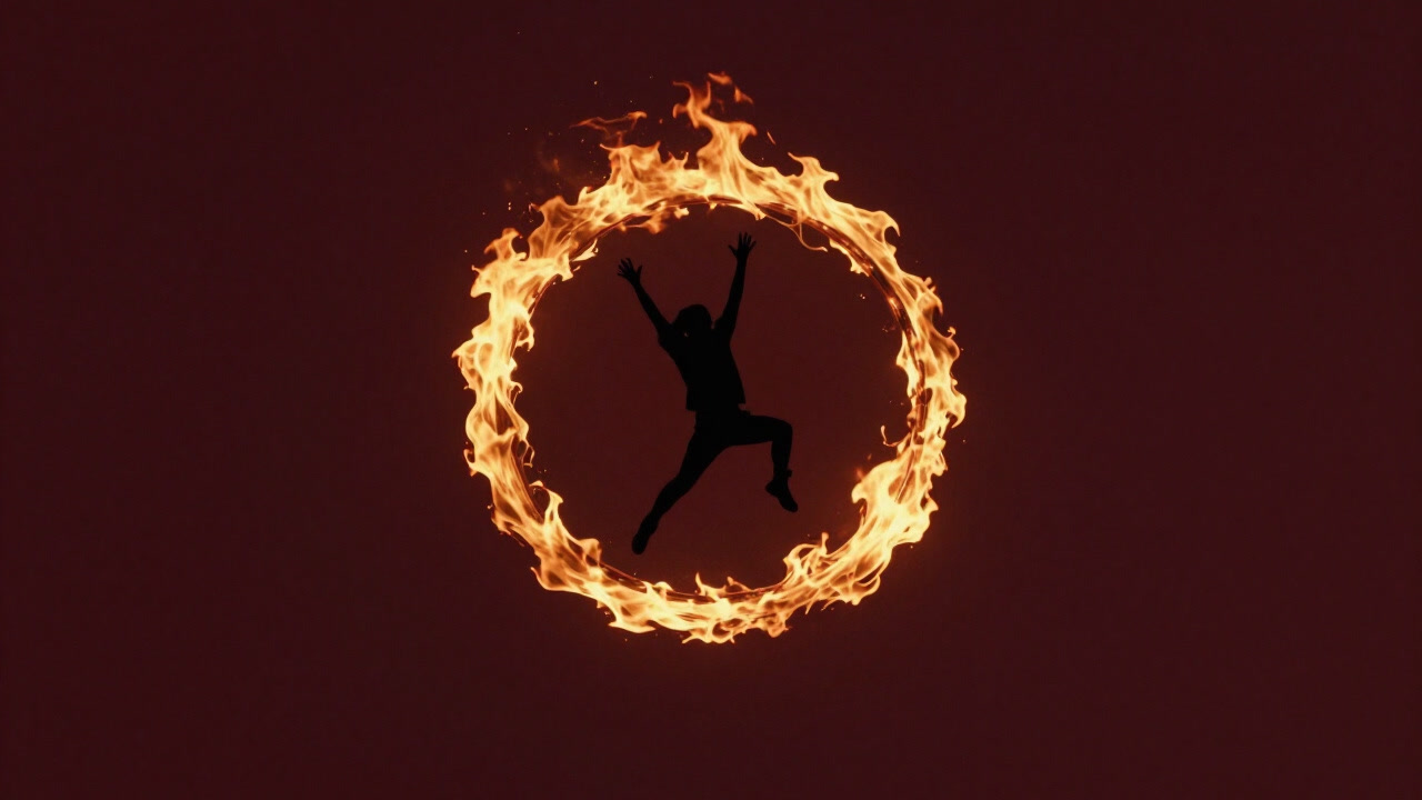 観客の眼前で炎の壁を飛び越えようとするスタントパフォーマーのシルエット