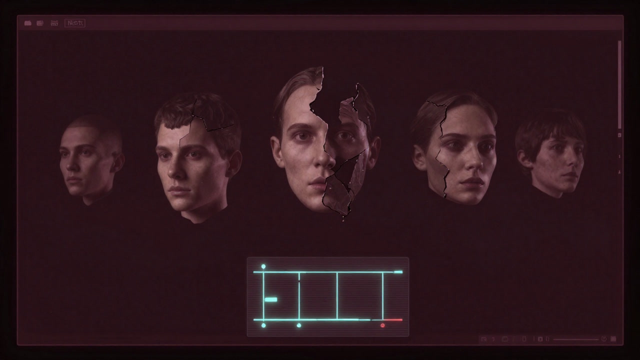 Illustration of fragmented eerie faces floating on a screen canvas with glowing mysterious parameter sliders.