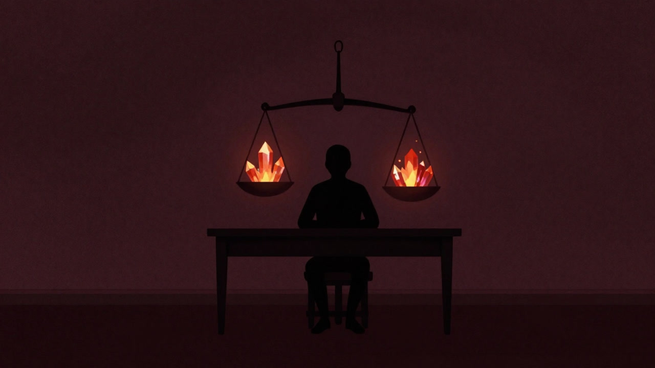 暗い書斎で、天秤にかけられた本能の炎を高尚な結晶に変える錬金術師のように、思索に沈む人物のシルエット。