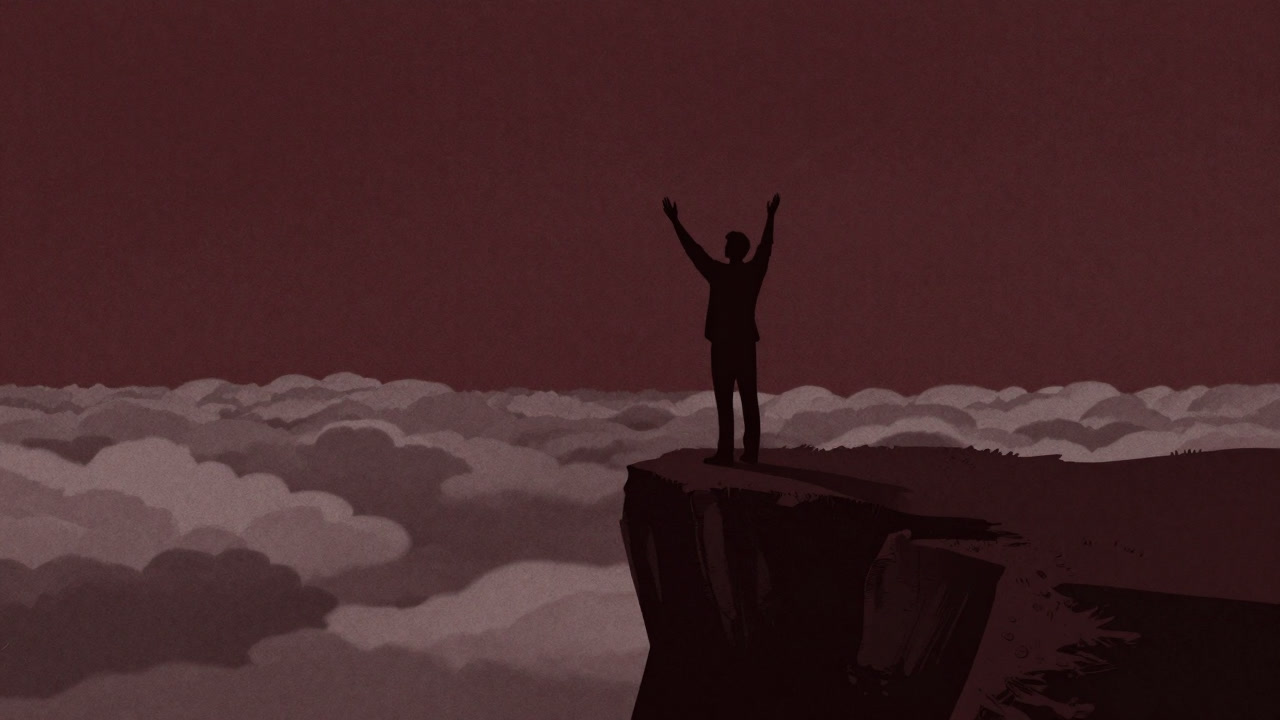 Silhouette of a figure standing on a high cliff above a sea of clouds, feigning sublimity.