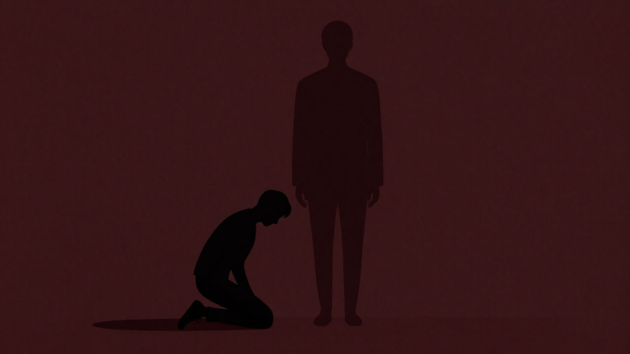 Silhouette of a person kneeling expressionlessly in the shadow of power