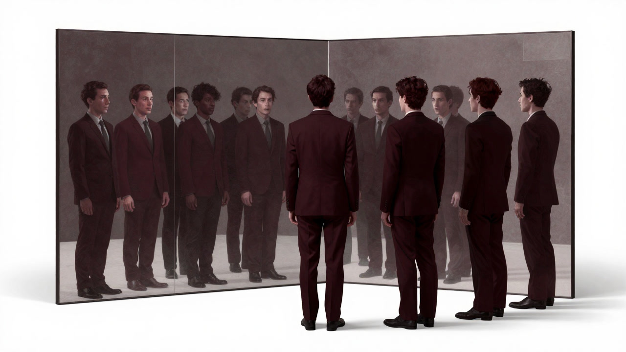 Silhouette of a person standing before a mirror, gazing at countless versions of themselves