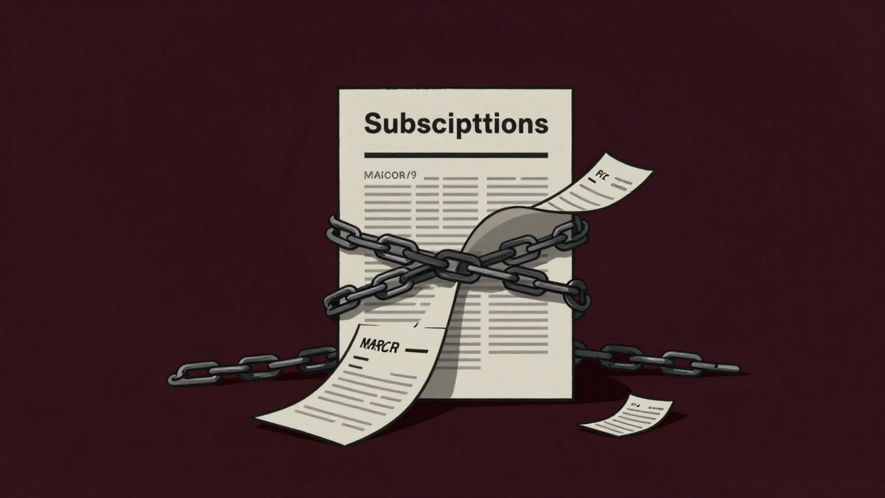Illustration of subscription contracts bound by chains with countless invoices swirling around.