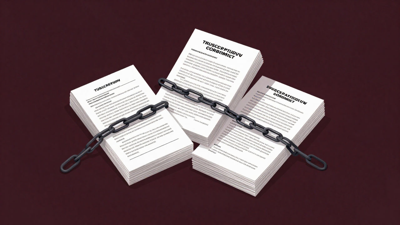 Image of a stack of contracts labeled 'Subscription' bound by chains