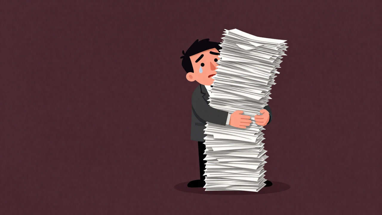 地方自治体の職員が巨大な書類の山を背負い、泣き出しそうな表情で立つイラスト