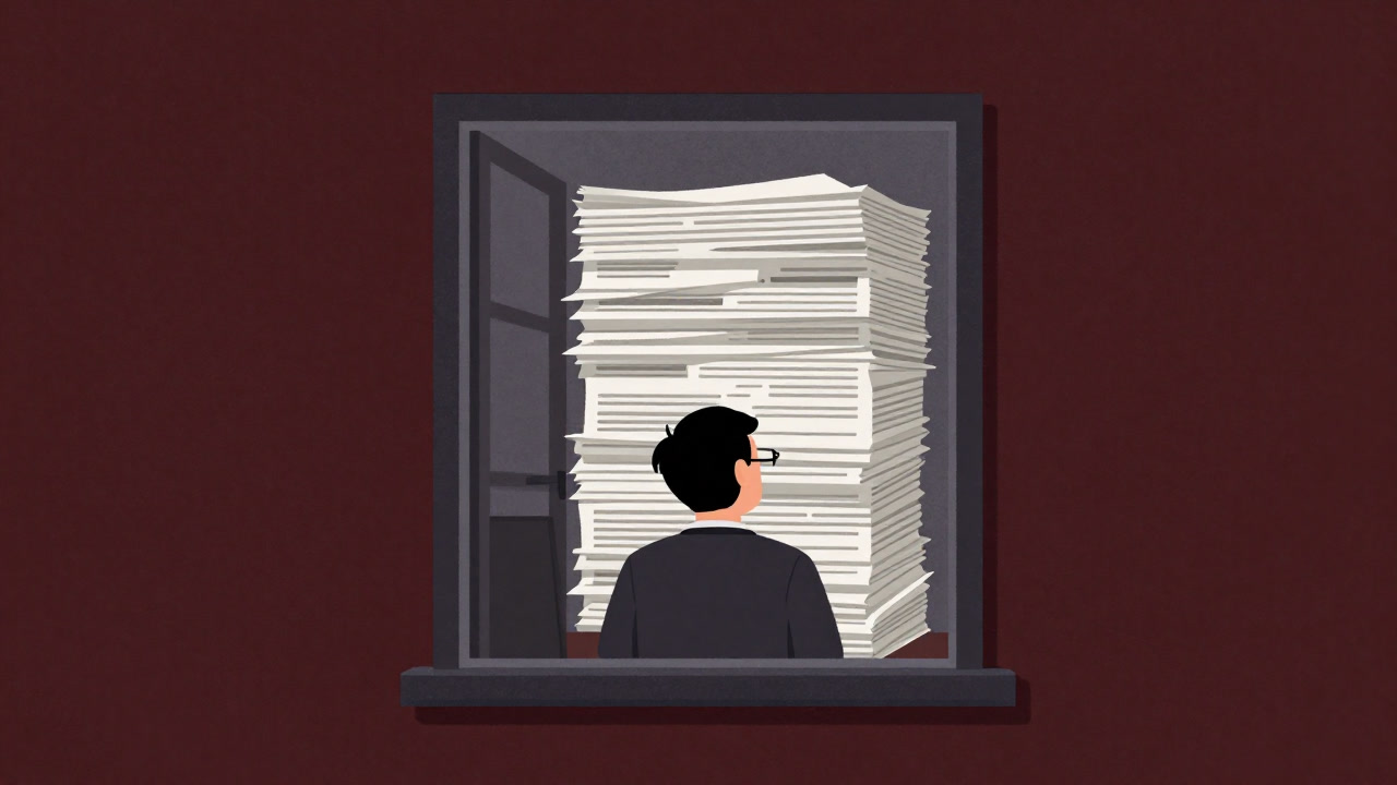 窓口で渋る公務員の背後から山と積まれた補助金申請書の山