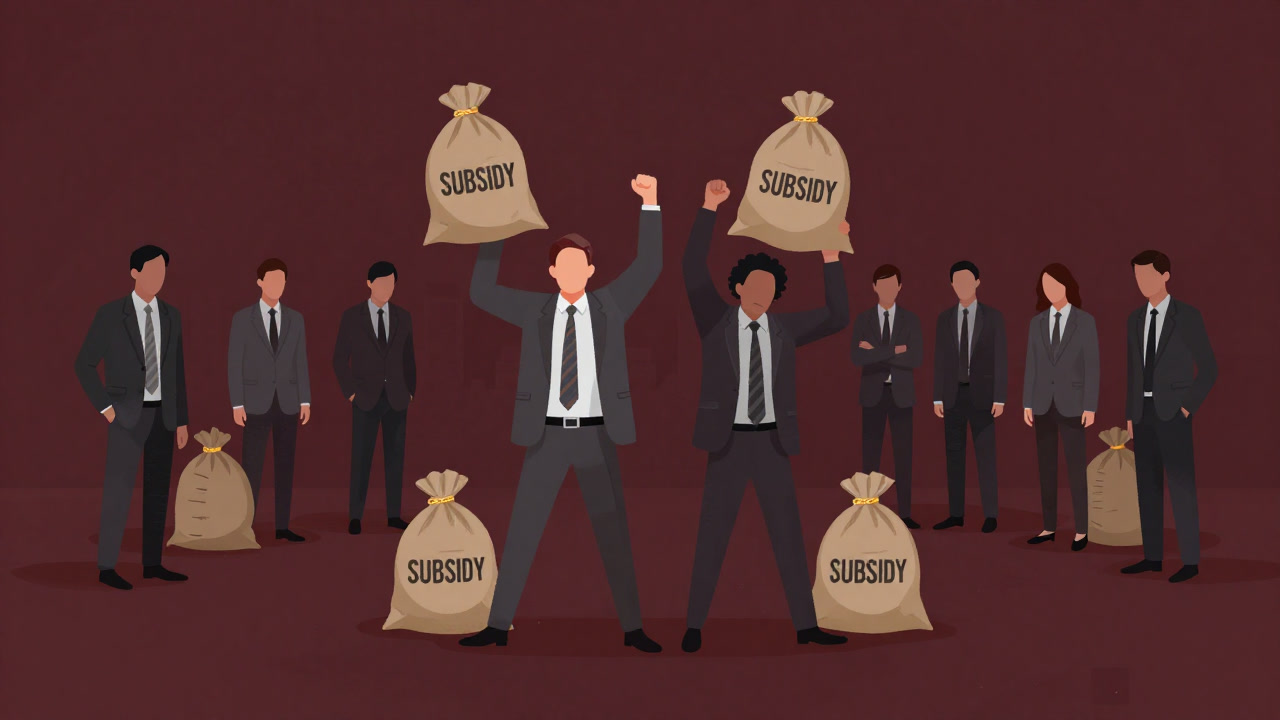 Illustration contrasting companies rejoicing with subsidy sacks and taxpayers looking dismayed