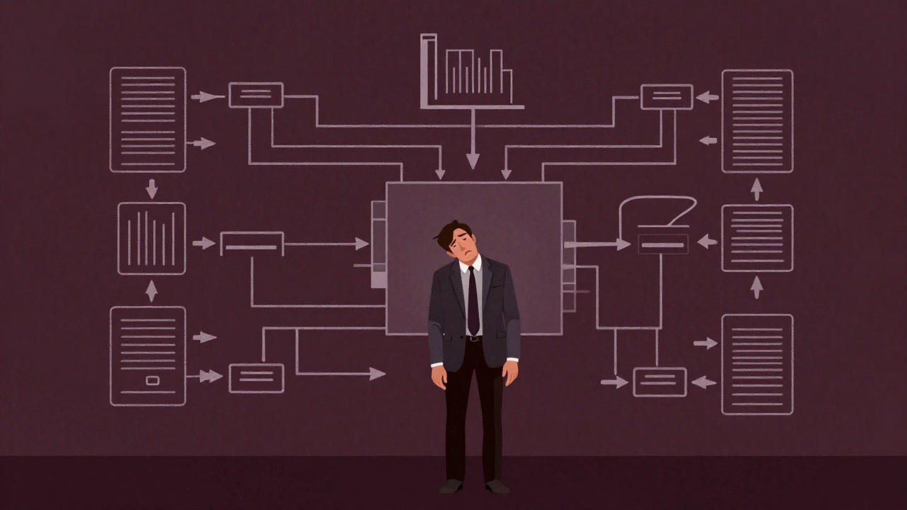工場と資源の流れを示す矢印が複雑に絡み合ったダイアグラムと疲れた表情のコンサルタントのイラスト