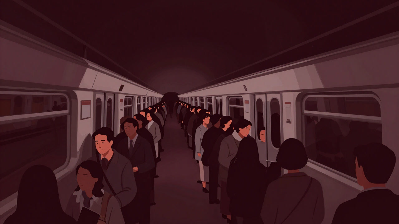 薄暗いトンネルを猛スピードで駆け抜ける満員の地下鉄車両の画像