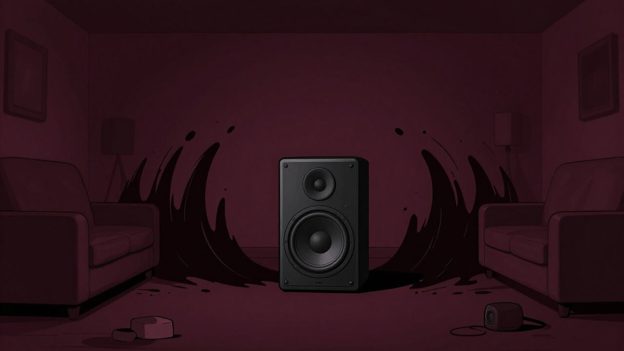 薄暗いリビングで、家具を激しく振動させながら低音を響かせるサブウーファーの様子をとらえたイラスト