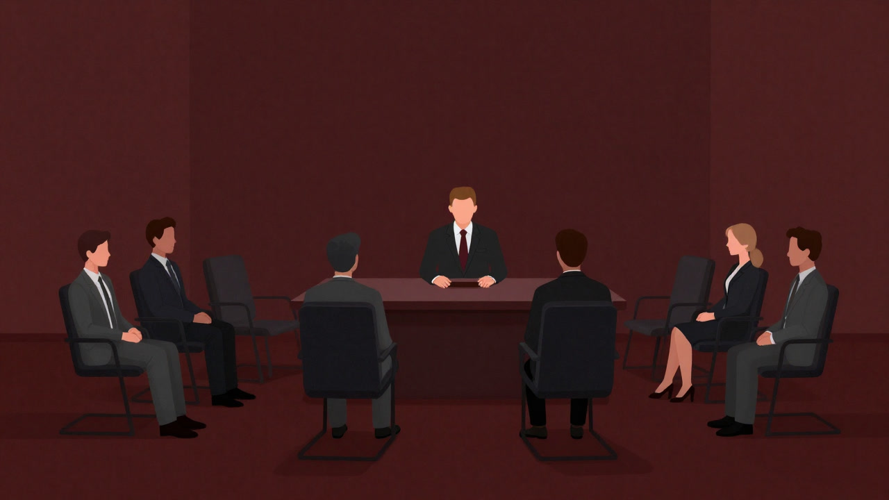 面接室に並ぶ候補者たちが不安な表情で椅子に座るイラスト