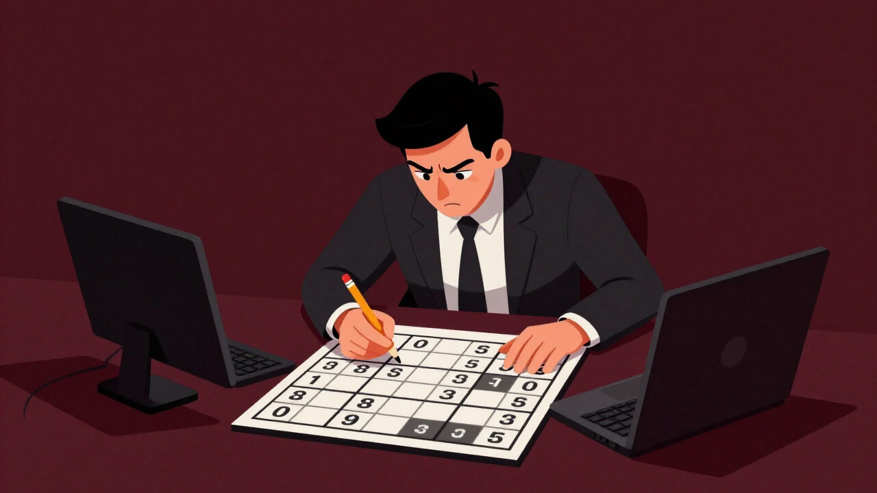 完成間近の数独を前に頭を抱え、苦悶する人物のイラスト