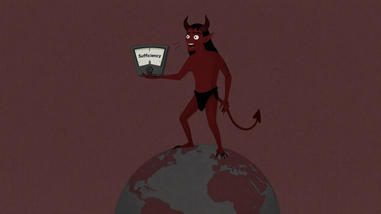 サフィシエンシーの呪文を唱えながら空っぽの地球儀を抱える悪魔のイラスト