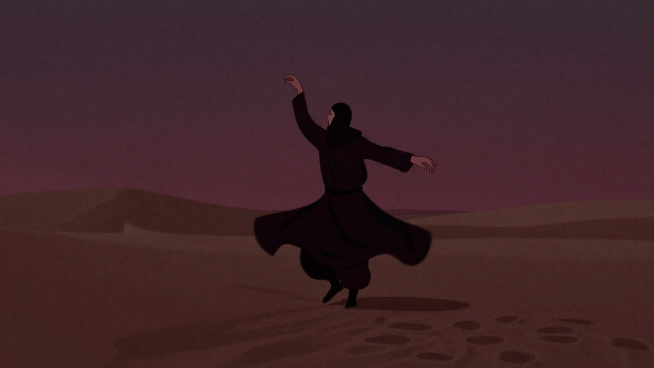 Illustration of a dervish spinning in desert dunes wearing a rainbow aura