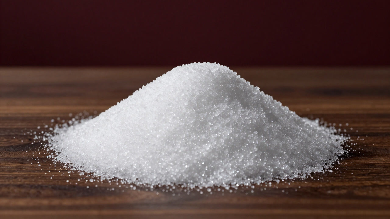 Photo of a mound of white sugar glistening temptingly on a table