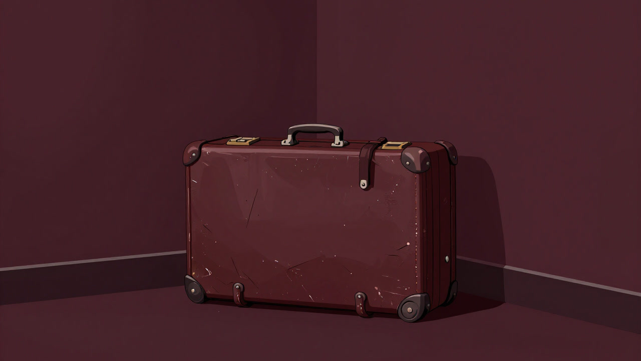 Image of an old suitcase leaning in an airport corner with its warped caster looking forlorn