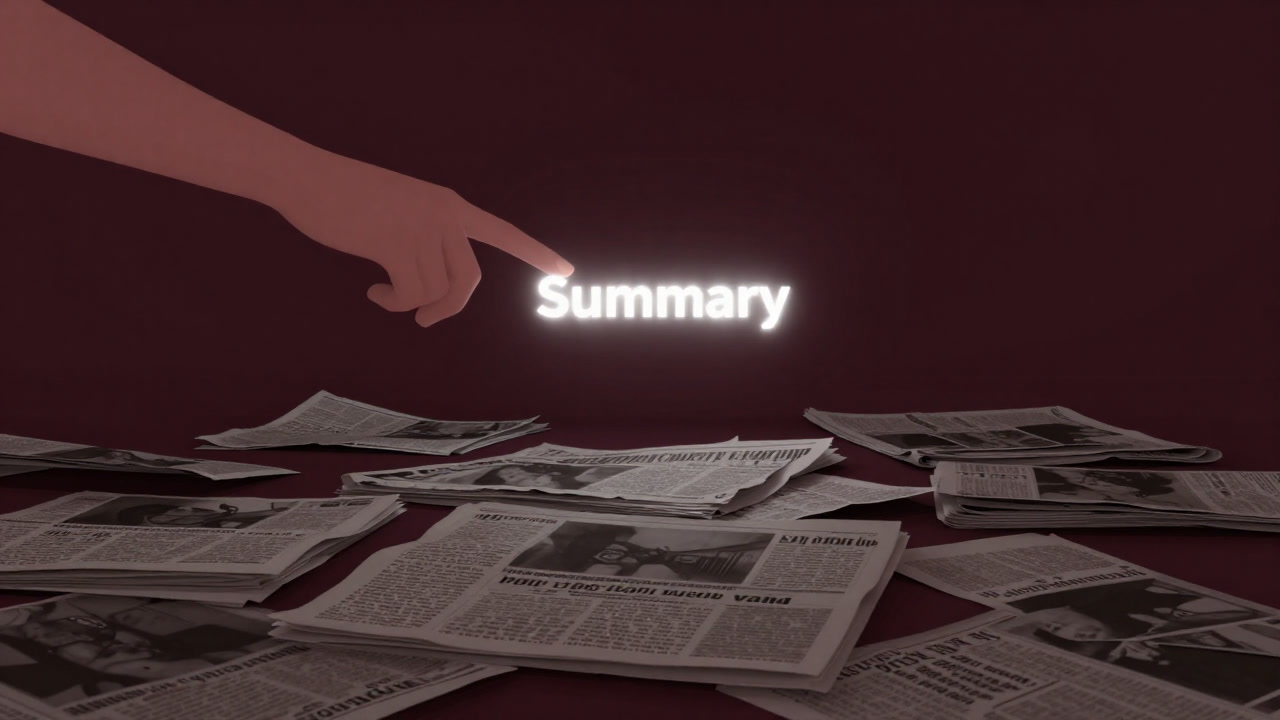 A hand pointing at a glowing 'Summary' headline amidst a pile of newspapers