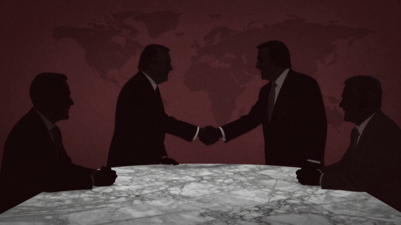 Silhouettes of world leaders smiling and shaking hands around a marble table